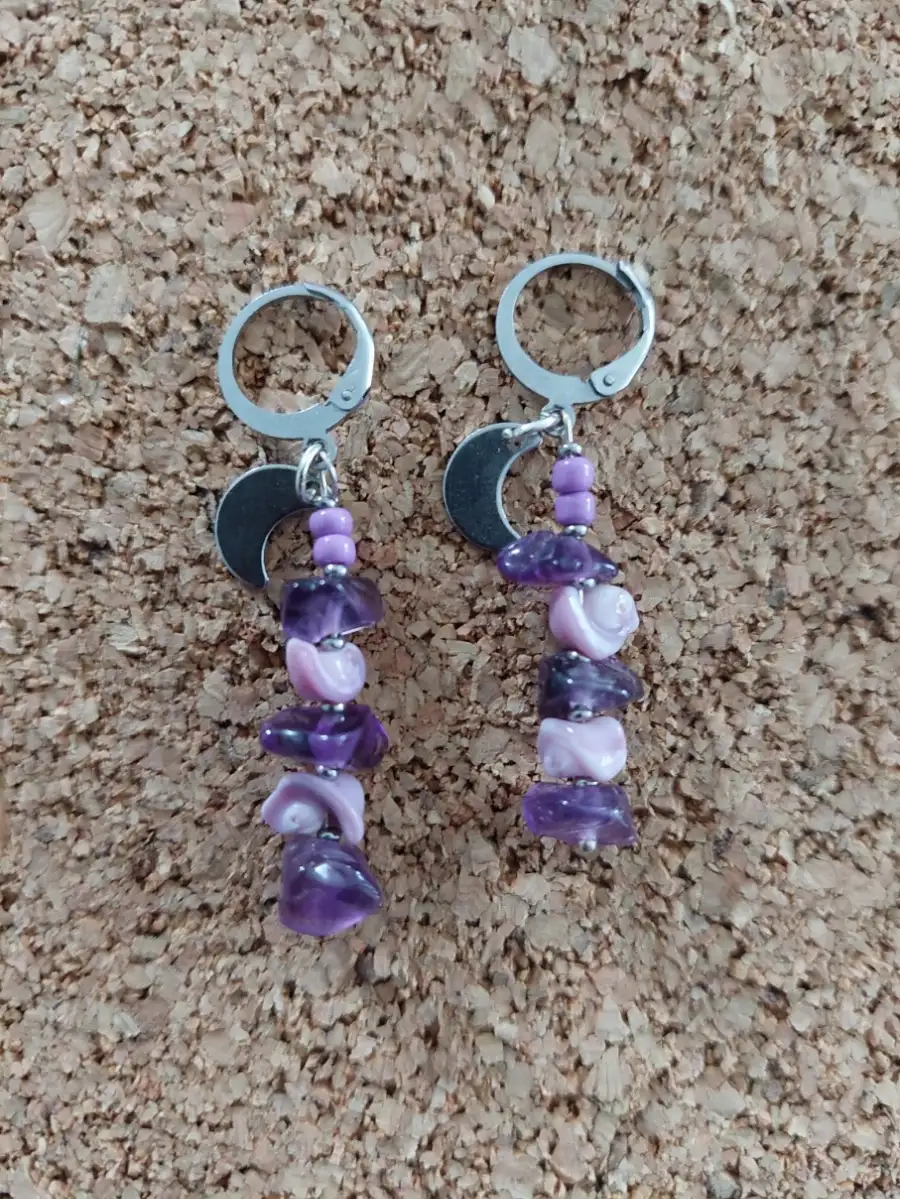 Boucles oreille longues améthyste lune