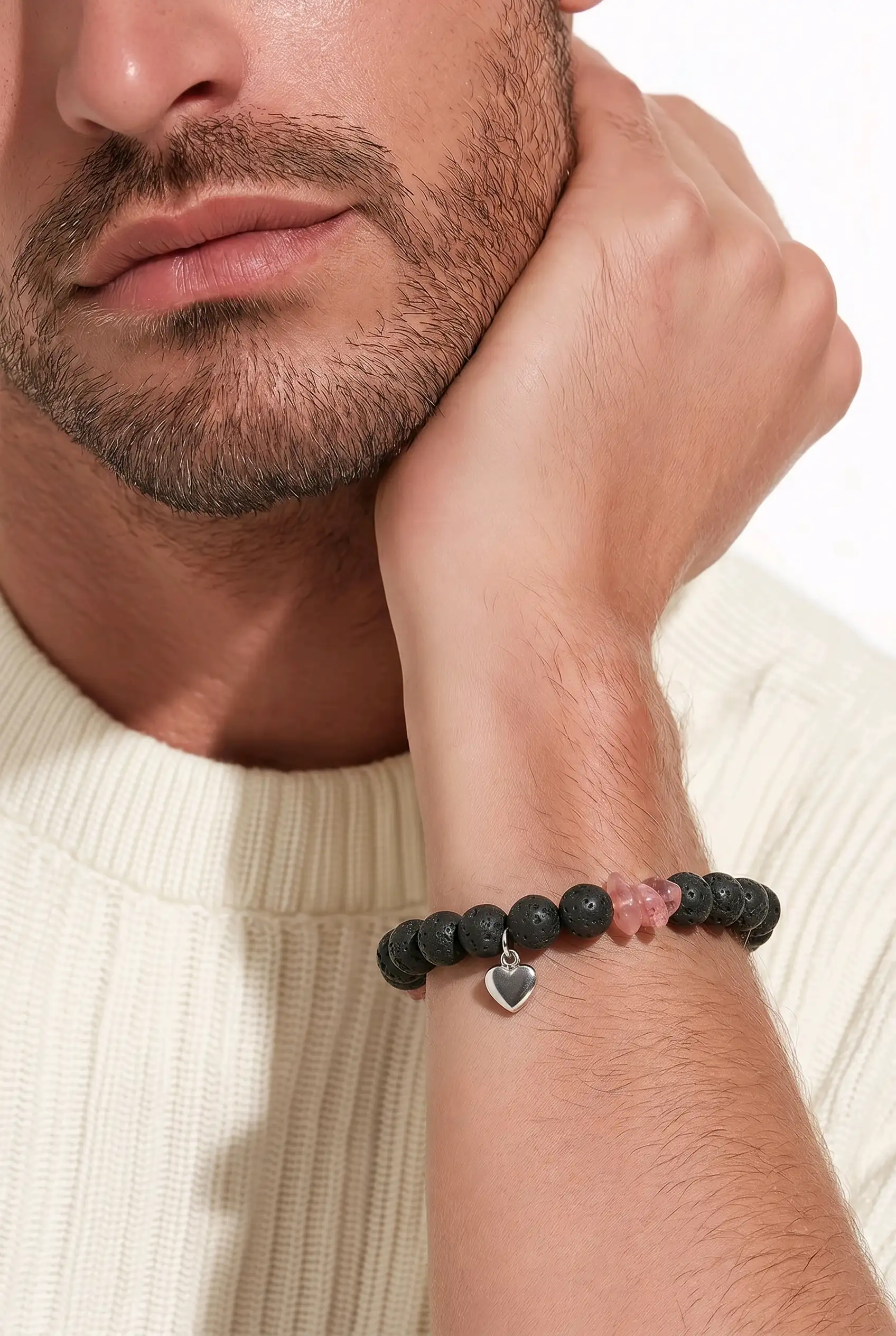 Homme bracelet pierre de lave et quartz de fraise