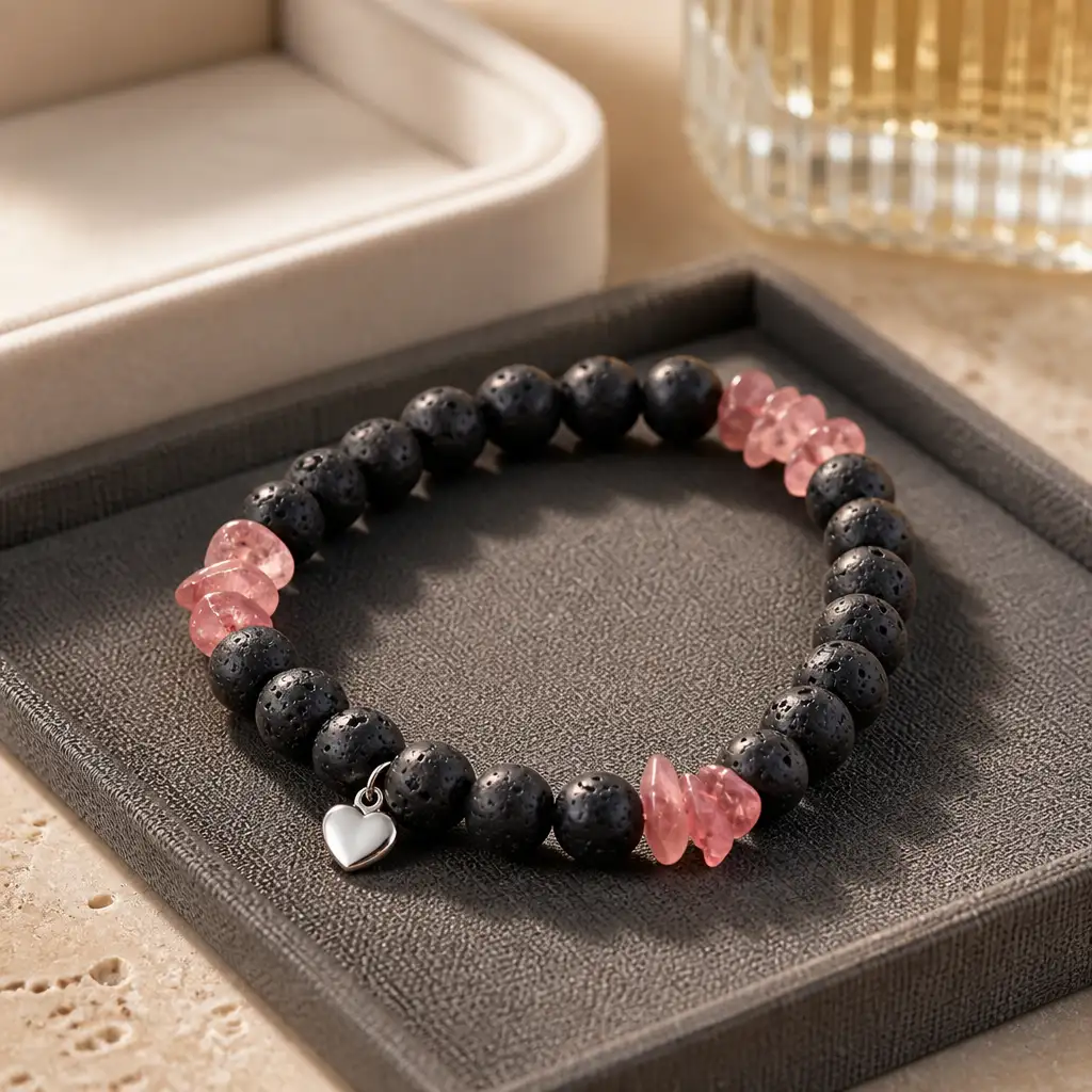 Homme bracelet pierre de lave et quartz de fraise