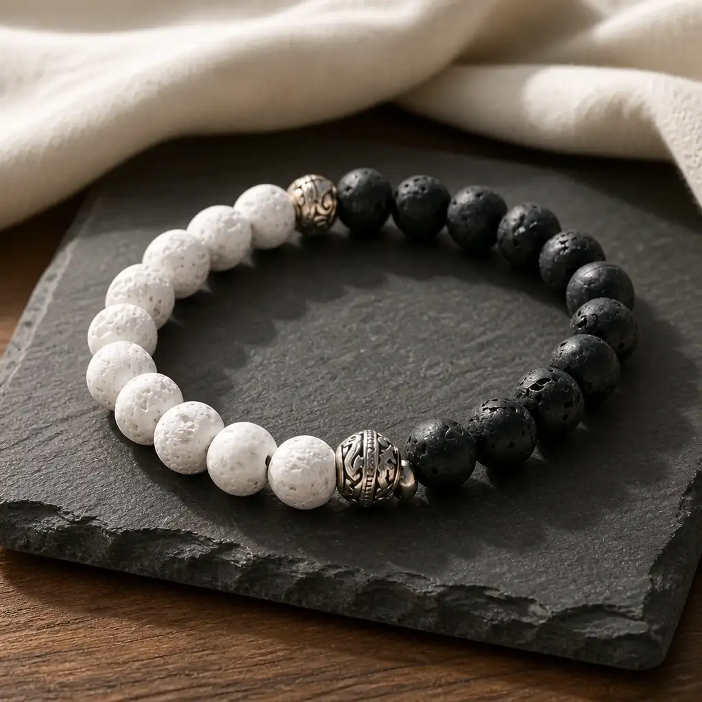 Homme bracelet pierre de lave noire et blanche, perle tibétain
