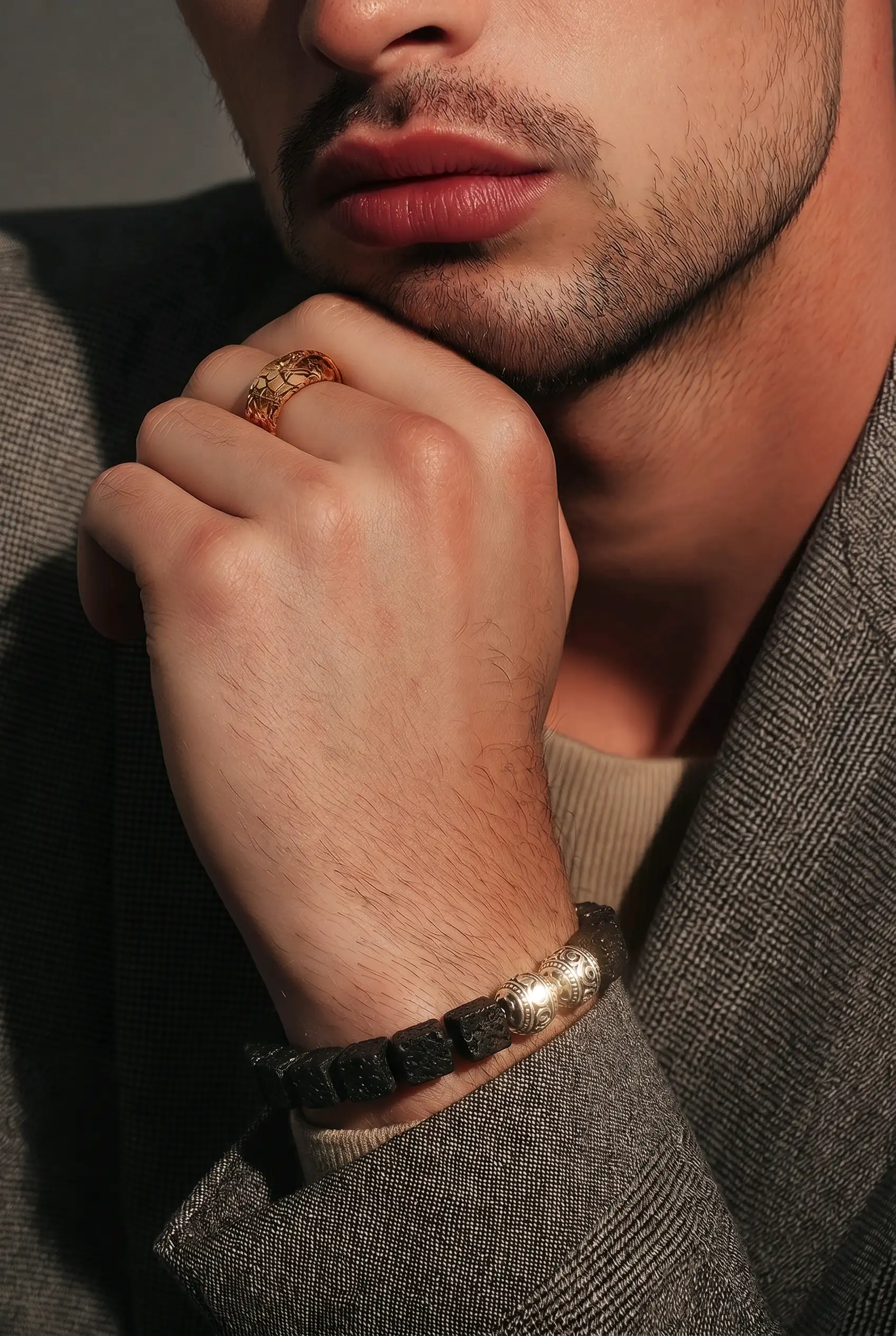 Homme bracelet Pierre de lave carre, Perle Tibétaine