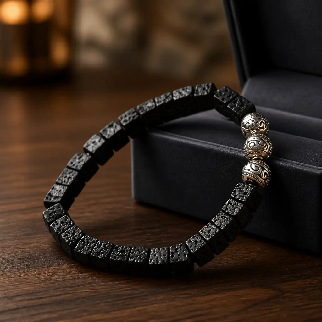 Homme bracelet Pierre de lave carre, Perle Tibétaine