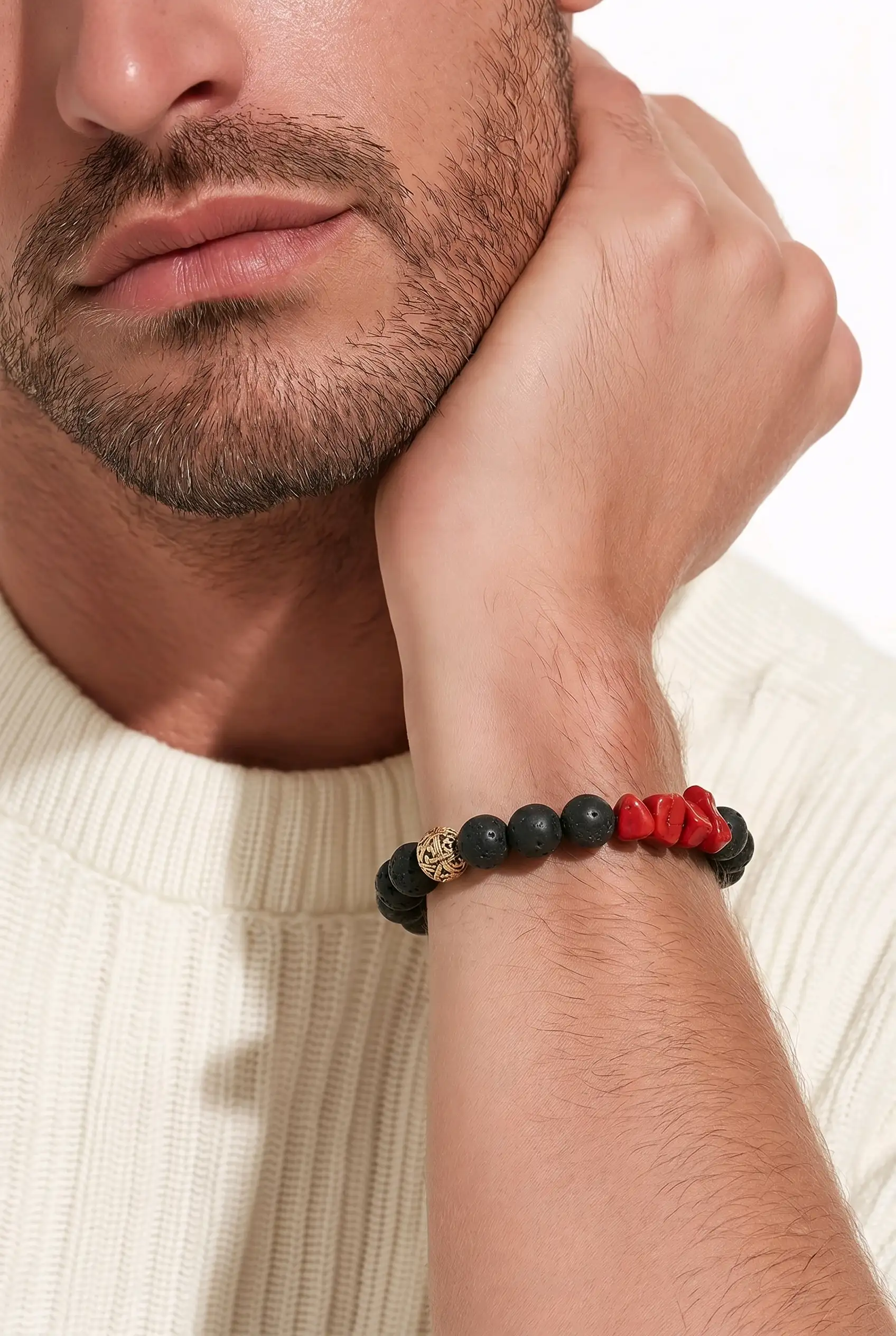 Homme bracelet de lave et pierre de jaspe rouge, perle tibétain