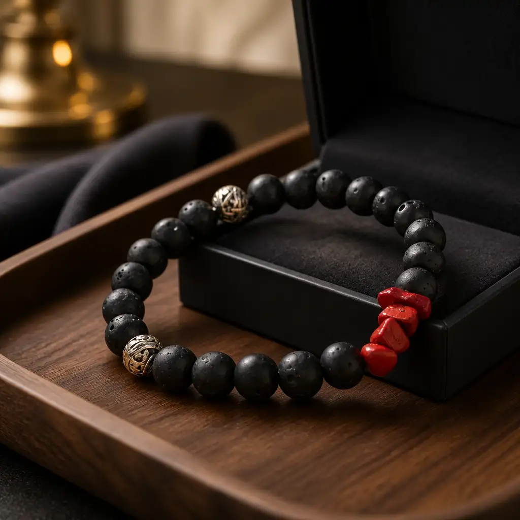 Homme bracelet de lave et pierre de jaspe rouge, perle tibétain