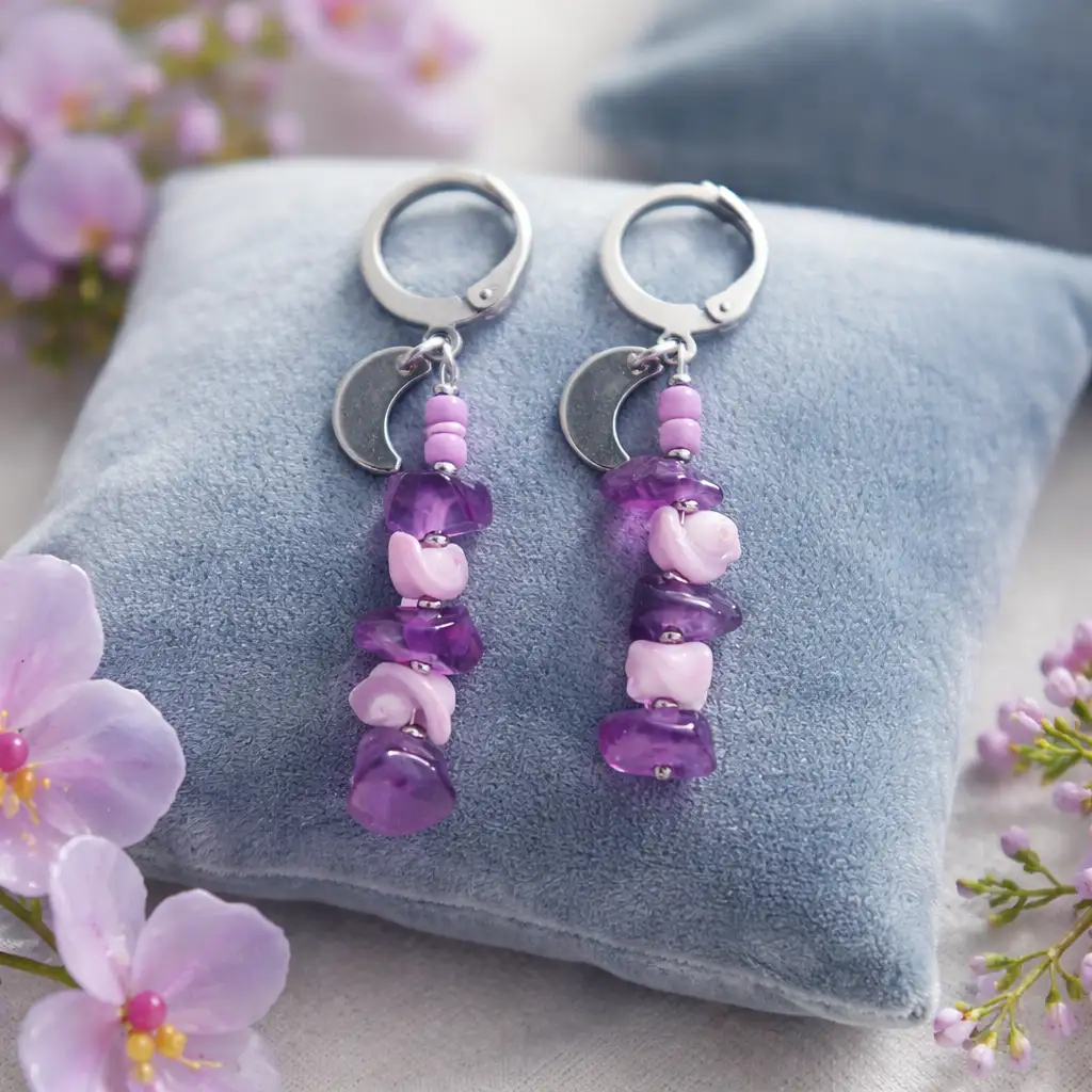 Boucles oreille longues améthyste lune