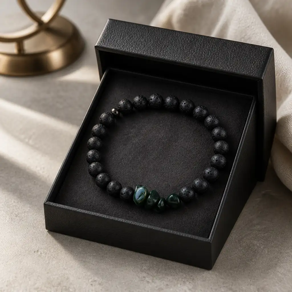 Homme bracelet de lave noire et pierre Agathe mousse