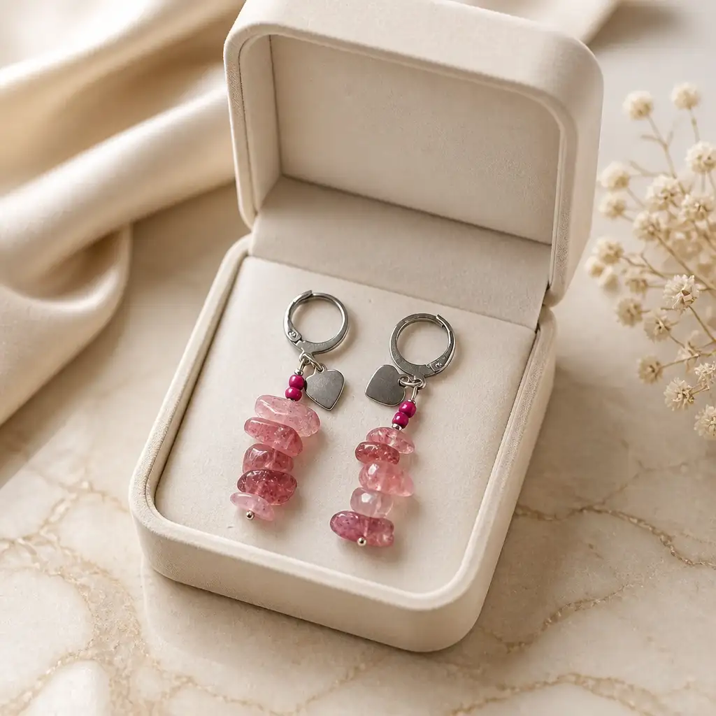 Boucle d'oreille longue quartz fraise
