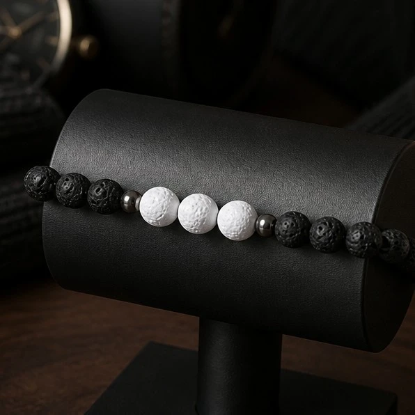 Homme bracelet pierre de lave noire et blanche