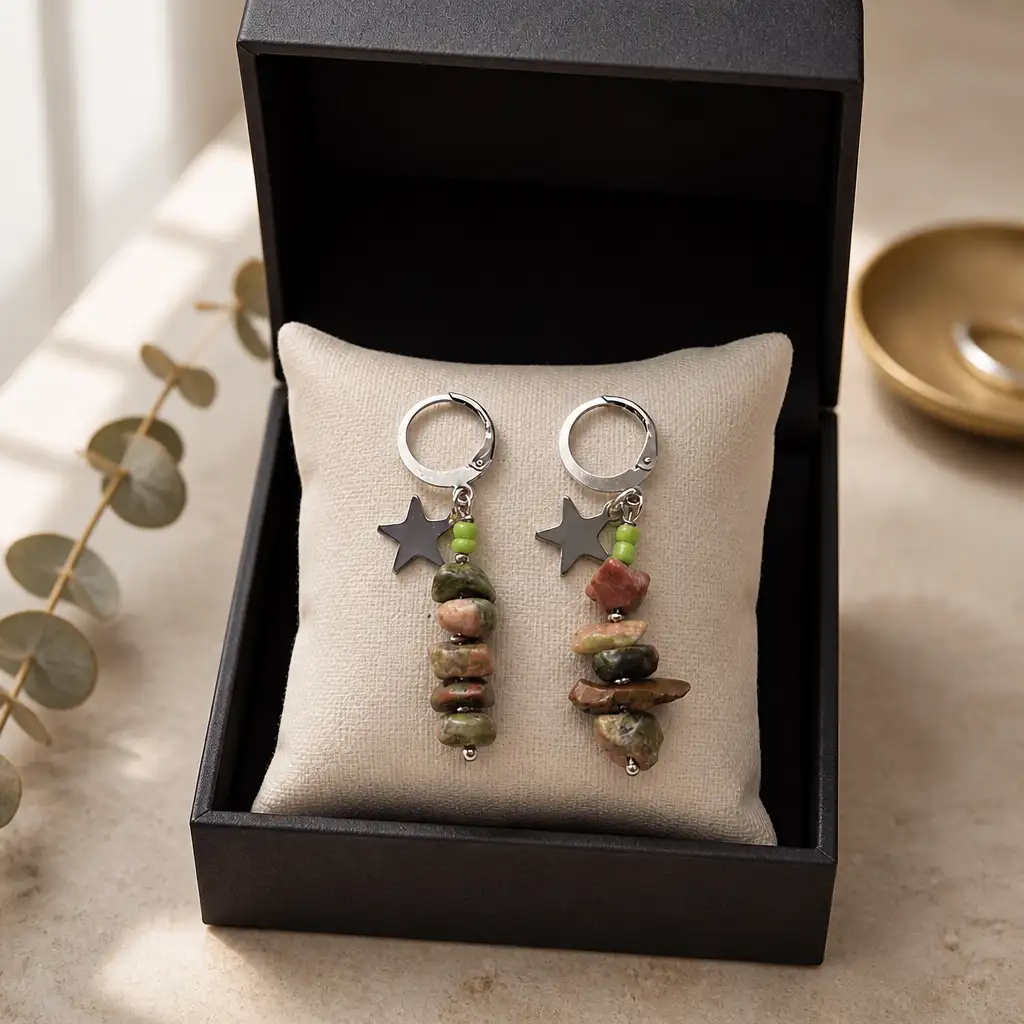 Boucle d'oreille longue Unakite