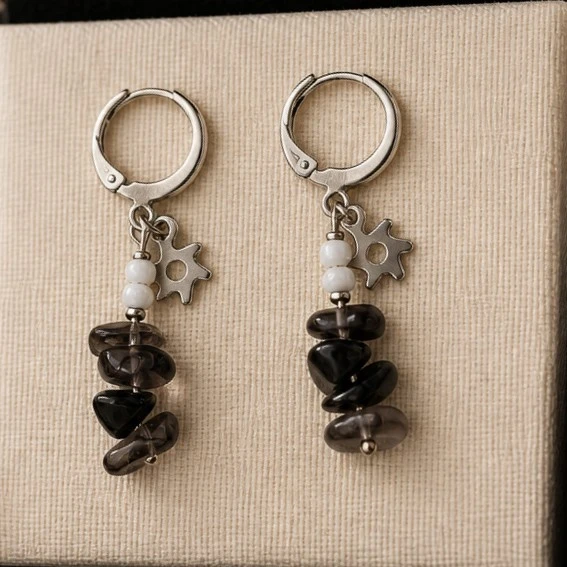 boucle d'oreille longue quartz fumé