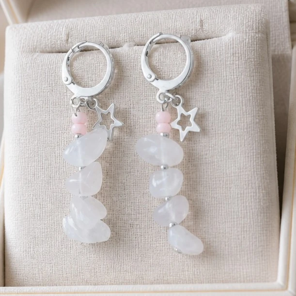 boucle d'oreille longue quartz rose