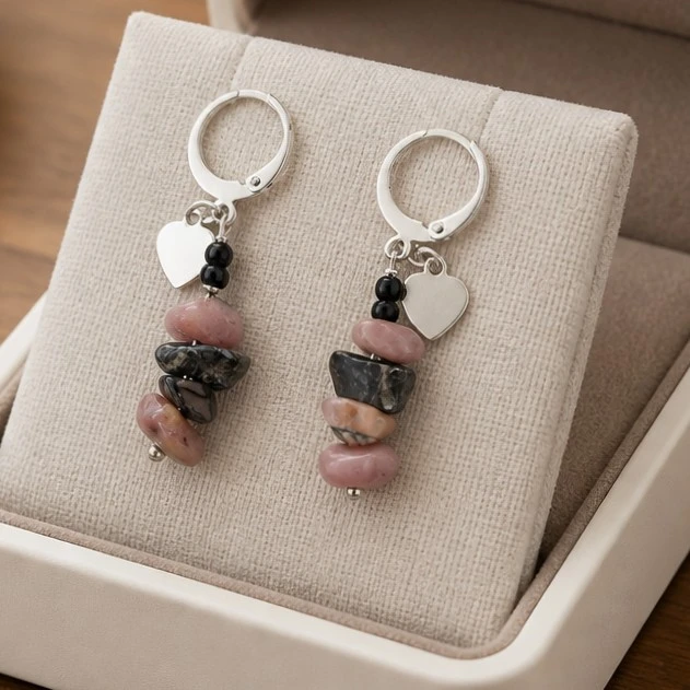 boucle d'oreille longue rhodonite
