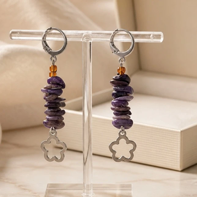 boucle d'oreille longue charoite